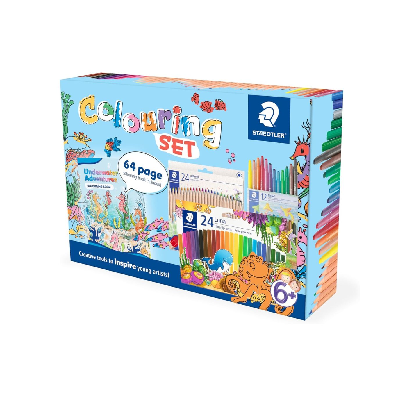 Staedtler Colouring Box Set Underwater Adventures – 24 Natural Pencils, 12 Noris Wax Twister Crayons, 24 Luna Fibre-Tip Pens & 64-Page Underwater Colouring Book