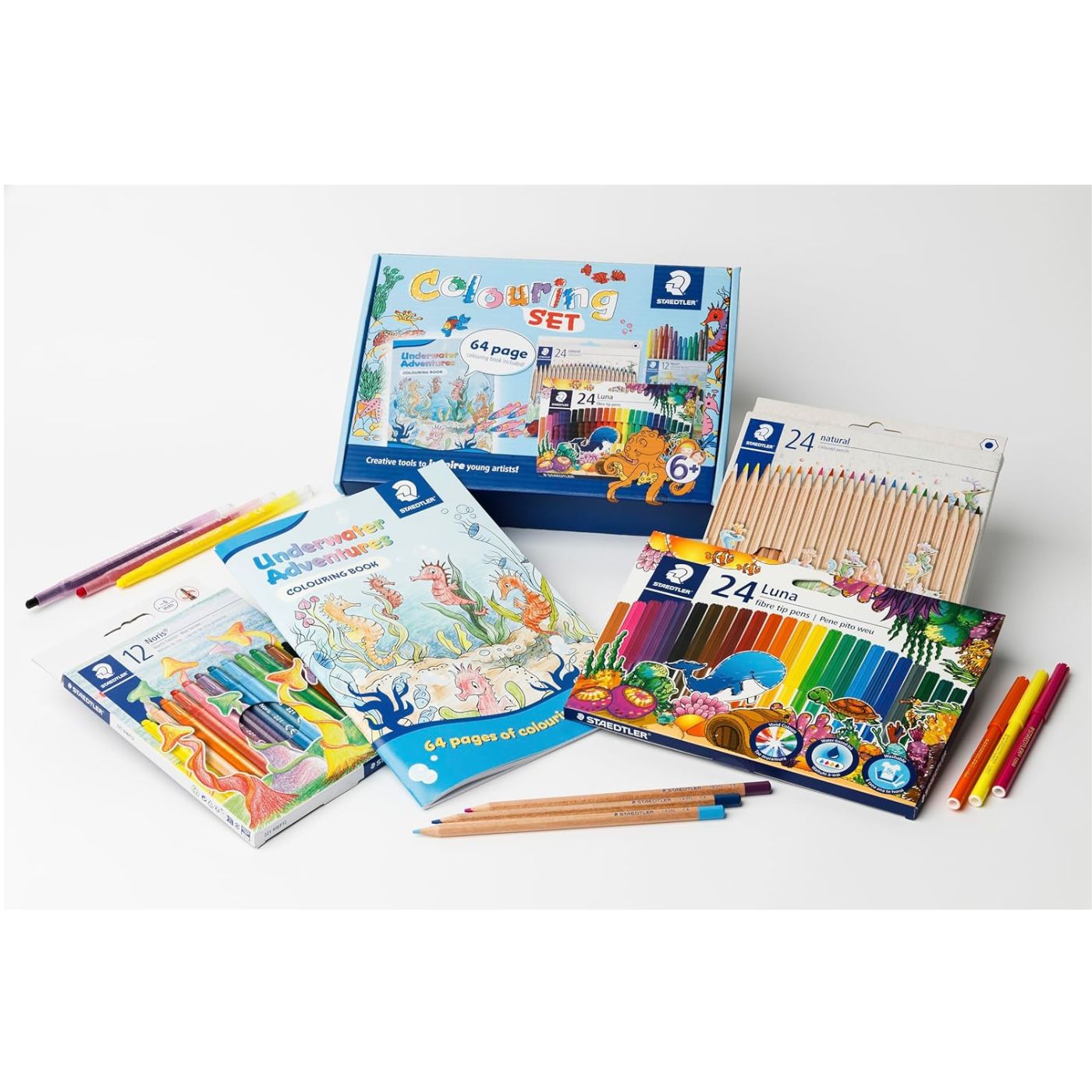 Staedtler Colouring Box Set Underwater Adventures – 24 Natural Pencils, 12 Noris Wax Twister Crayons, 24 Luna Fibre-Tip Pens & 64-Page Underwater Colouring Book