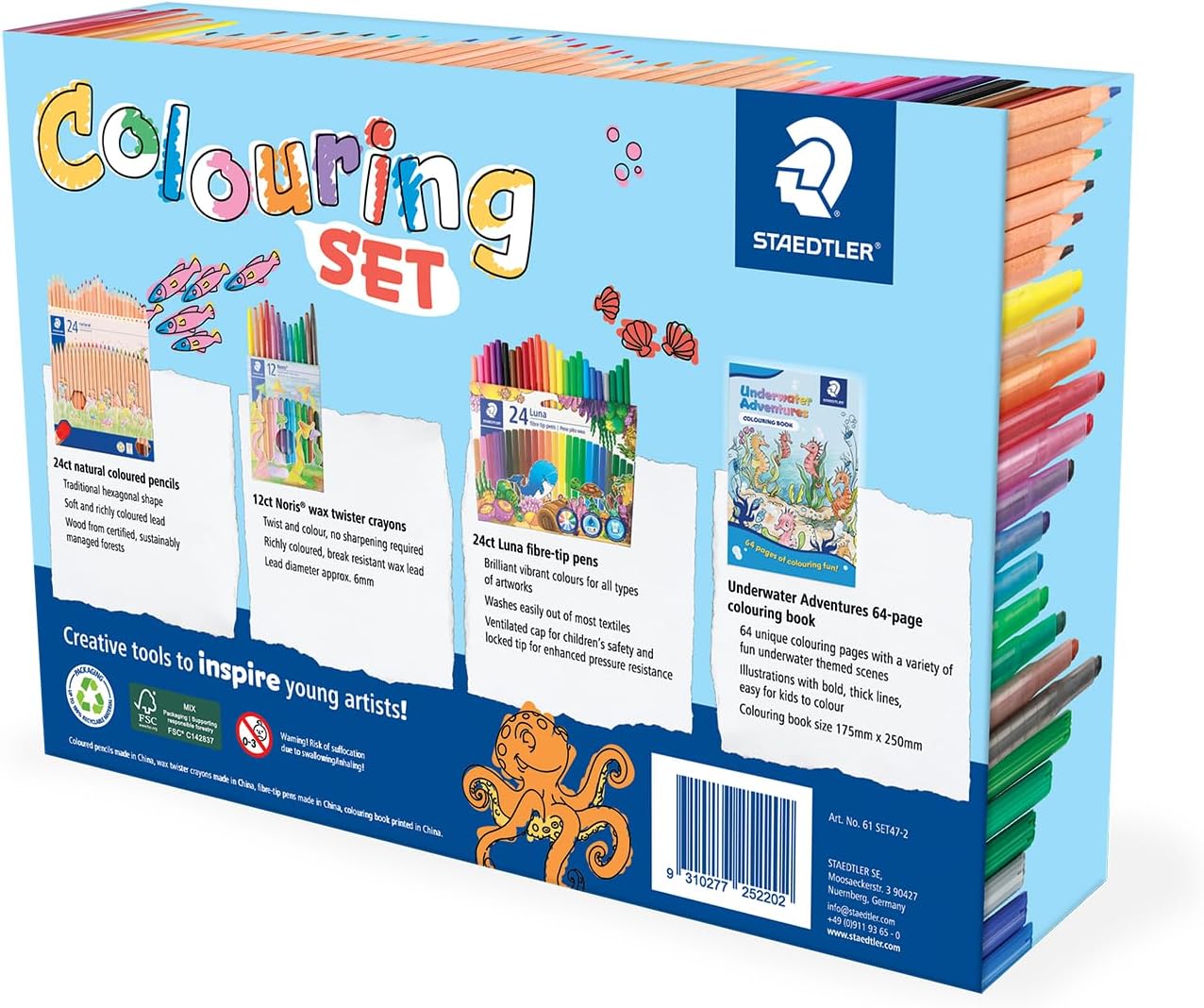 Staedtler Colouring Box Set Underwater Adventures – 24 Natural Pencils, 12 Noris Wax Twister Crayons, 24 Luna Fibre-Tip Pens & 64-Page Underwater Colouring Book