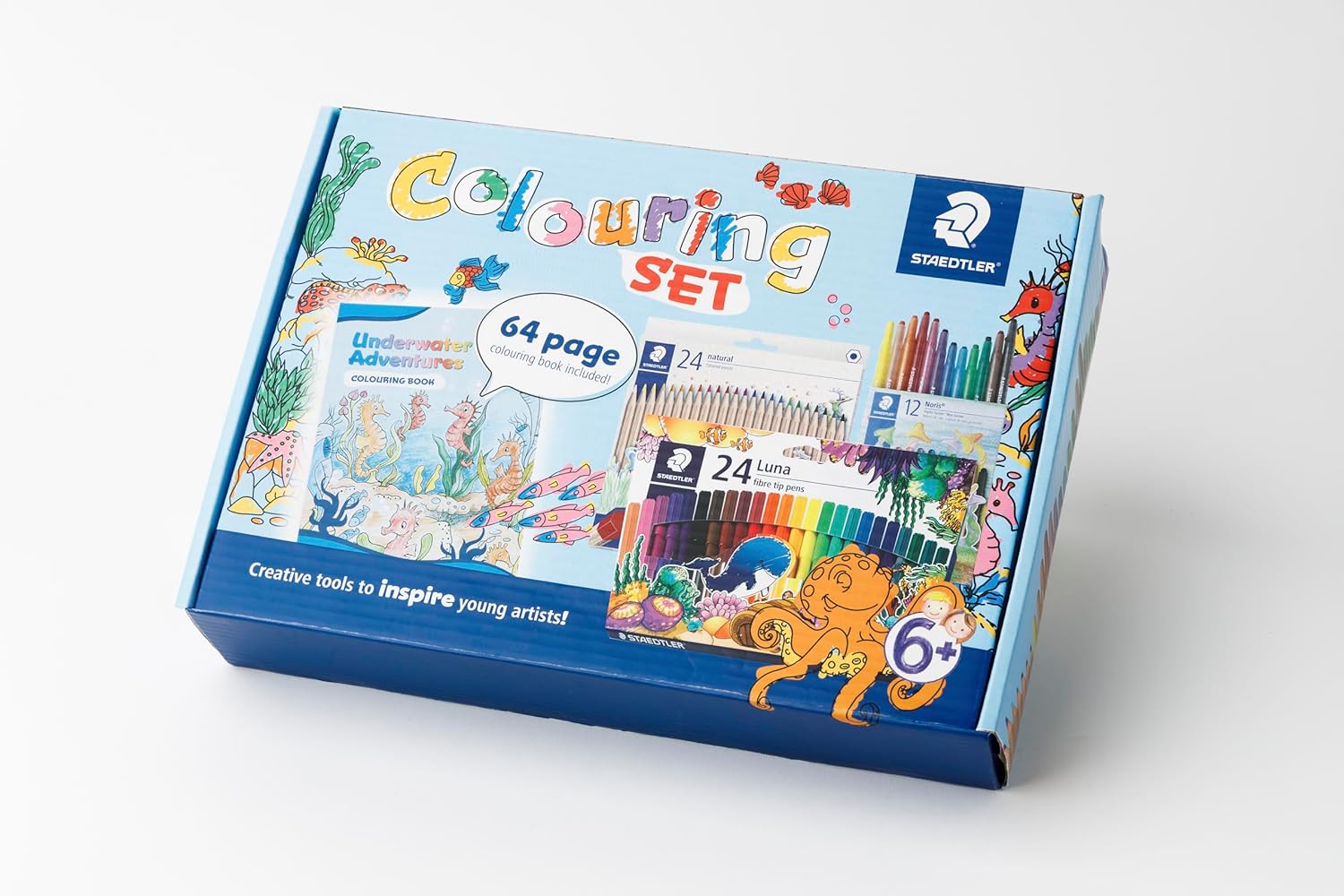 Staedtler Colouring Box Set Underwater Adventures – 24 Natural Pencils, 12 Noris Wax Twister Crayons, 24 Luna Fibre-Tip Pens & 64-Page Underwater Colouring Book