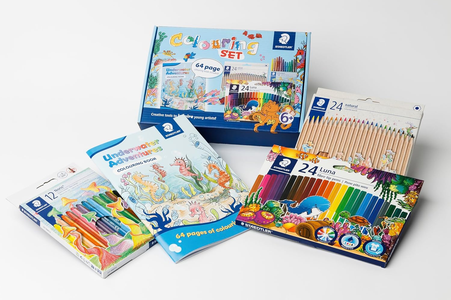Staedtler Colouring Box Set Underwater Adventures – 24 Natural Pencils, 12 Noris Wax Twister Crayons, 24 Luna Fibre-Tip Pens & 64-Page Underwater Colouring Book