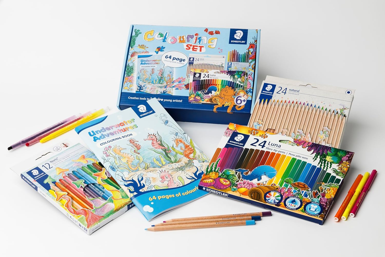 Staedtler Colouring Box Set Underwater Adventures – 24 Natural Pencils, 12 Noris Wax Twister Crayons, 24 Luna Fibre-Tip Pens & 64-Page Underwater Colouring Book