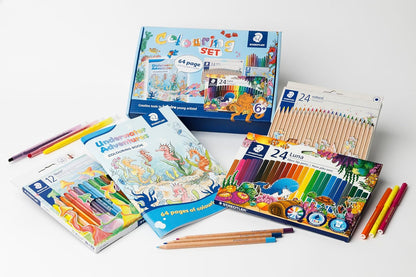 Staedtler Colouring Box Set Underwater Adventures – 24 Natural Pencils, 12 Noris Wax Twister Crayons, 24 Luna Fibre-Tip Pens & 64-Page Underwater Colouring Book