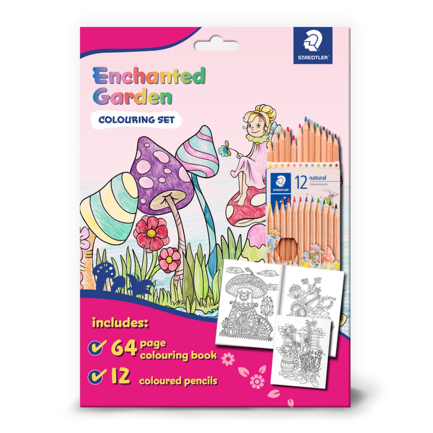 Staedtler Enchanted Garden colouring set packaging with coloured pencils and a coloring book.