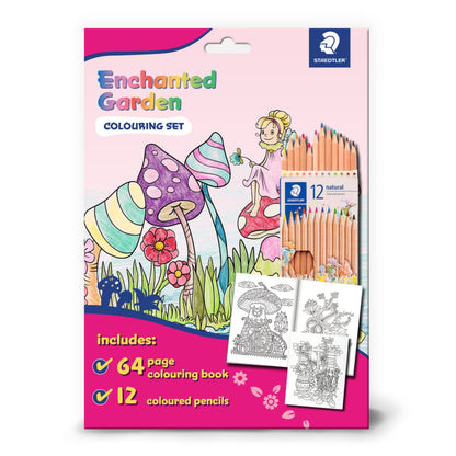 Staedtler Enchanted Garden colouring set packaging with coloured pencils and a coloring book.