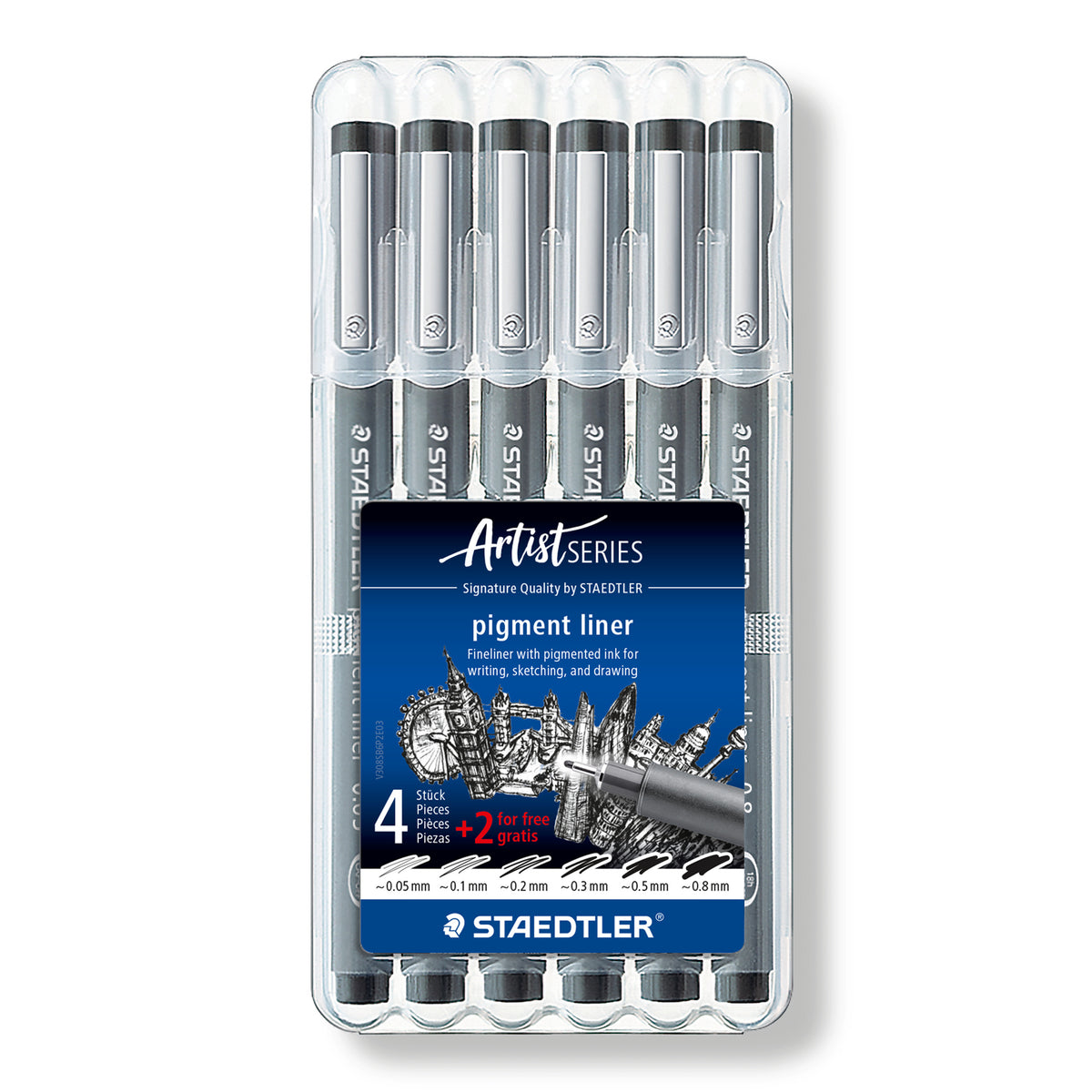 Staedtler Fineliner 308 SB6P Pigment Ink Pen Black Wallet of 6 [0.05mm, 0.1mm, 0.2mm, 0.3mm, 0.5mm, 0.8mm]