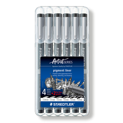 Staedtler Fineliner 308 SB6P Pigment Ink Pen Black Wallet of 6 [0.05mm, 0.1mm, 0.2mm, 0.3mm, 0.5mm, 0.8mm]