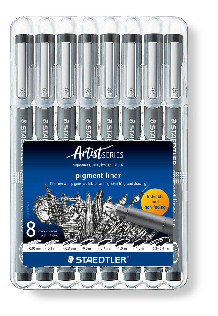 Staedtler Fineliner 308 SB8P Pigment Ink Pen Black Wallet of 8 [0.05, 0.1, 0.3, 0.5, 0.7, 1.0, 1.2, 0.3-2.0]