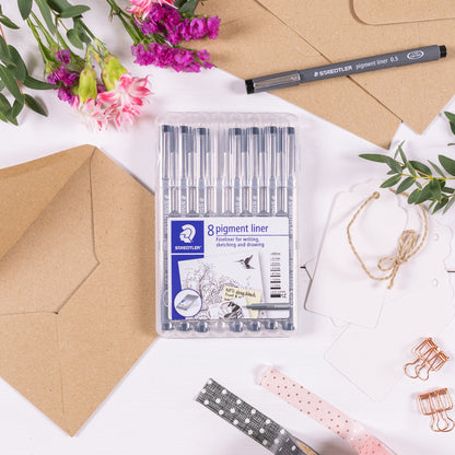 Staedtler Fineliner 308 SB8P Pigment Ink Pen Black Wallet of 8 [0.05, 0.1, 0.3, 0.5, 0.7, 1.0, 1.2, 0.3-2.0]