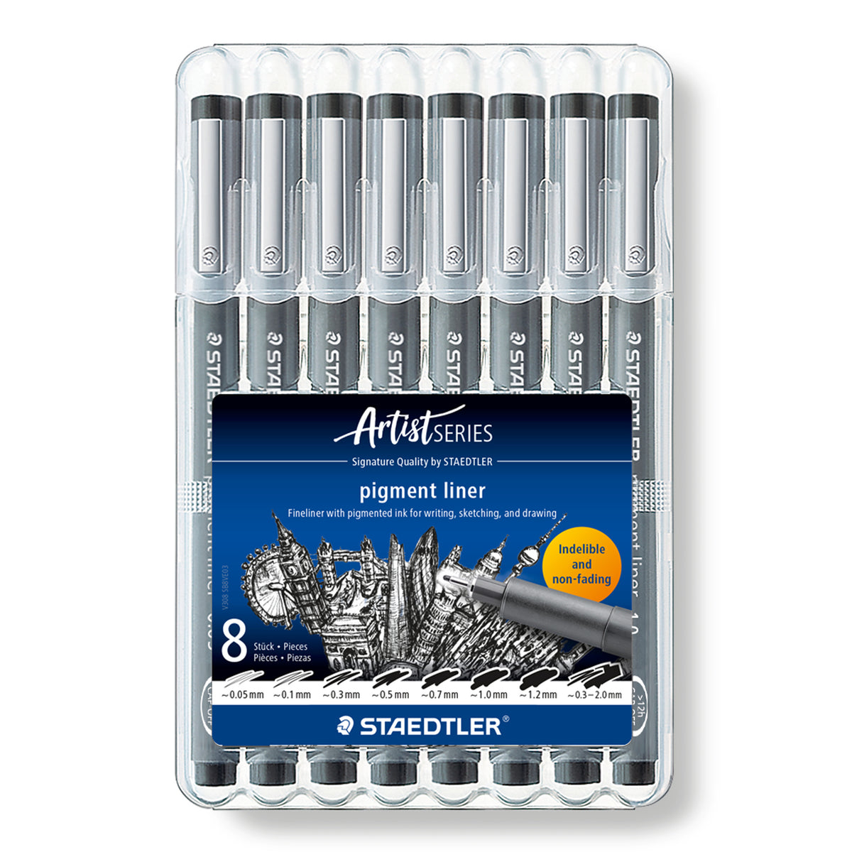Staedtler Fineliner 308 SB8P Pigment Ink Pen Black Wallet of 8 [0.05, 0.1, 0.3, 0.5, 0.7, 1.0, 1.2, 0.3-2.0]