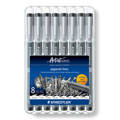 Staedtler Fineliner 308 SB8P Pigment Ink Pen Black Wallet of 8 [0.05, 0.1, 0.3, 0.5, 0.7, 1.0, 1.2, 0.3-2.0]