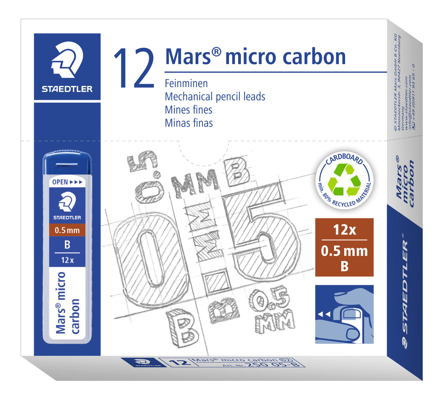 Staedtler Mars Micro Carbon Lead 250 05-B Tube of 12 Grade B - 0.5mm Pack of 12