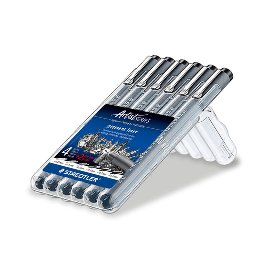 Staedtler Fineliner 308 SB6P Pigment Ink Pen Black Wallet of 6 [0.05mm, 0.1mm, 0.2mm, 0.3mm, 0.5mm, 0.8mm]