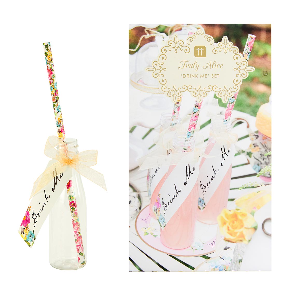Talking Tables Truly Alice Drink Set of 6 Bottles, Tag & 12 Straw Set