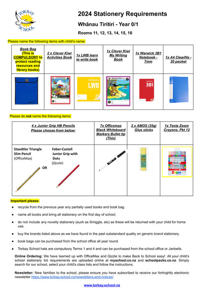 Torbay Primary School Stationery Pack 2024 Year 0 & 1