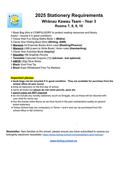 Toray Primary School Stationery List 2025 Year 3