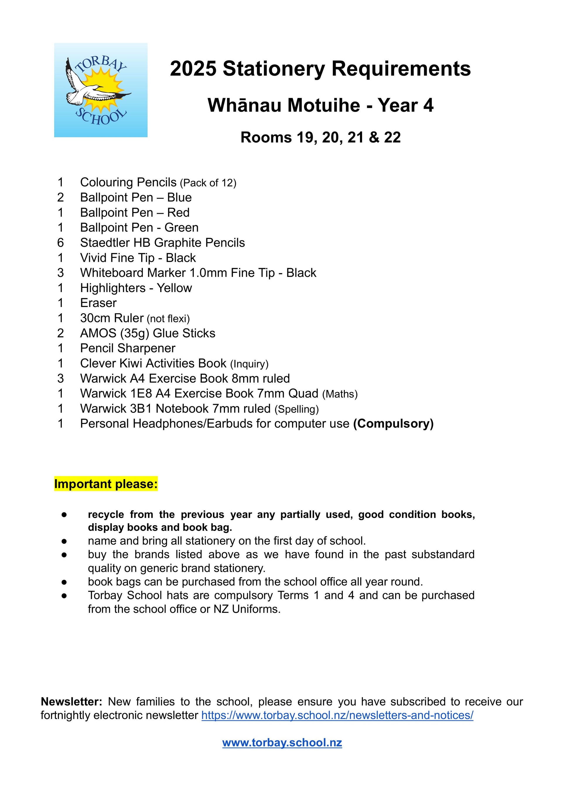 Torbay Primary School Stationery List 2025 Year 4