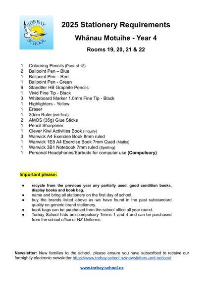Torbay Primary School Stationery List 2025 Year 4