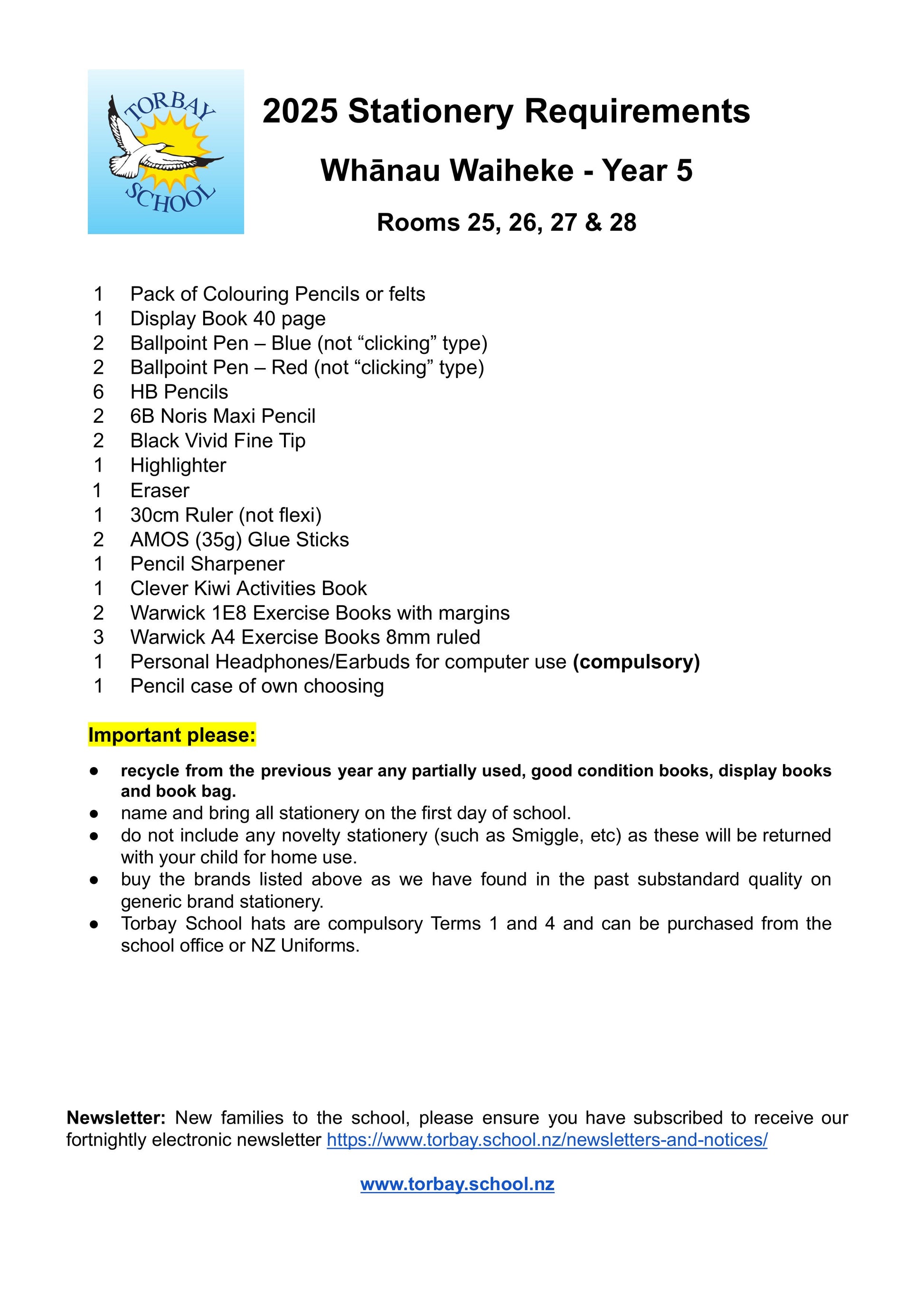 Torbay Primary School Stationery List 2025 Year 5