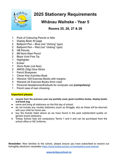 Torbay Primary School Stationery List 2025 Year 5