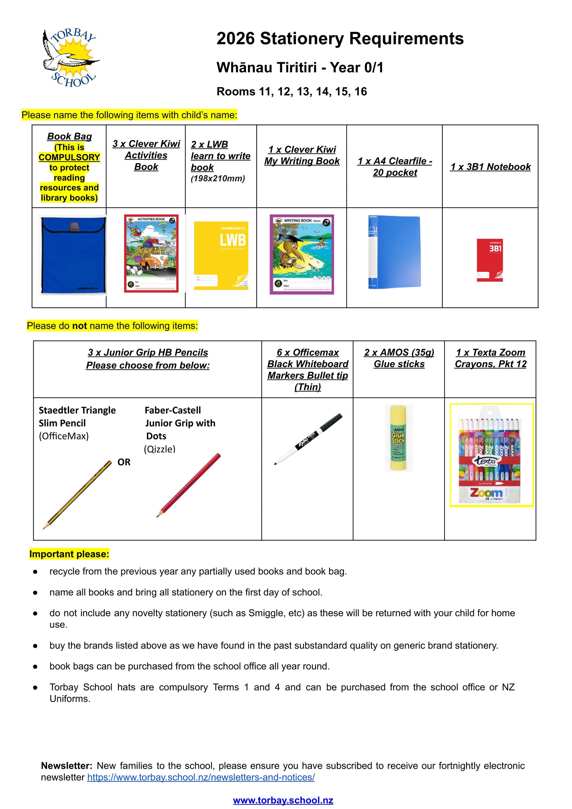 Torbay Primary School Stationery List 2026 Year 0 & 1