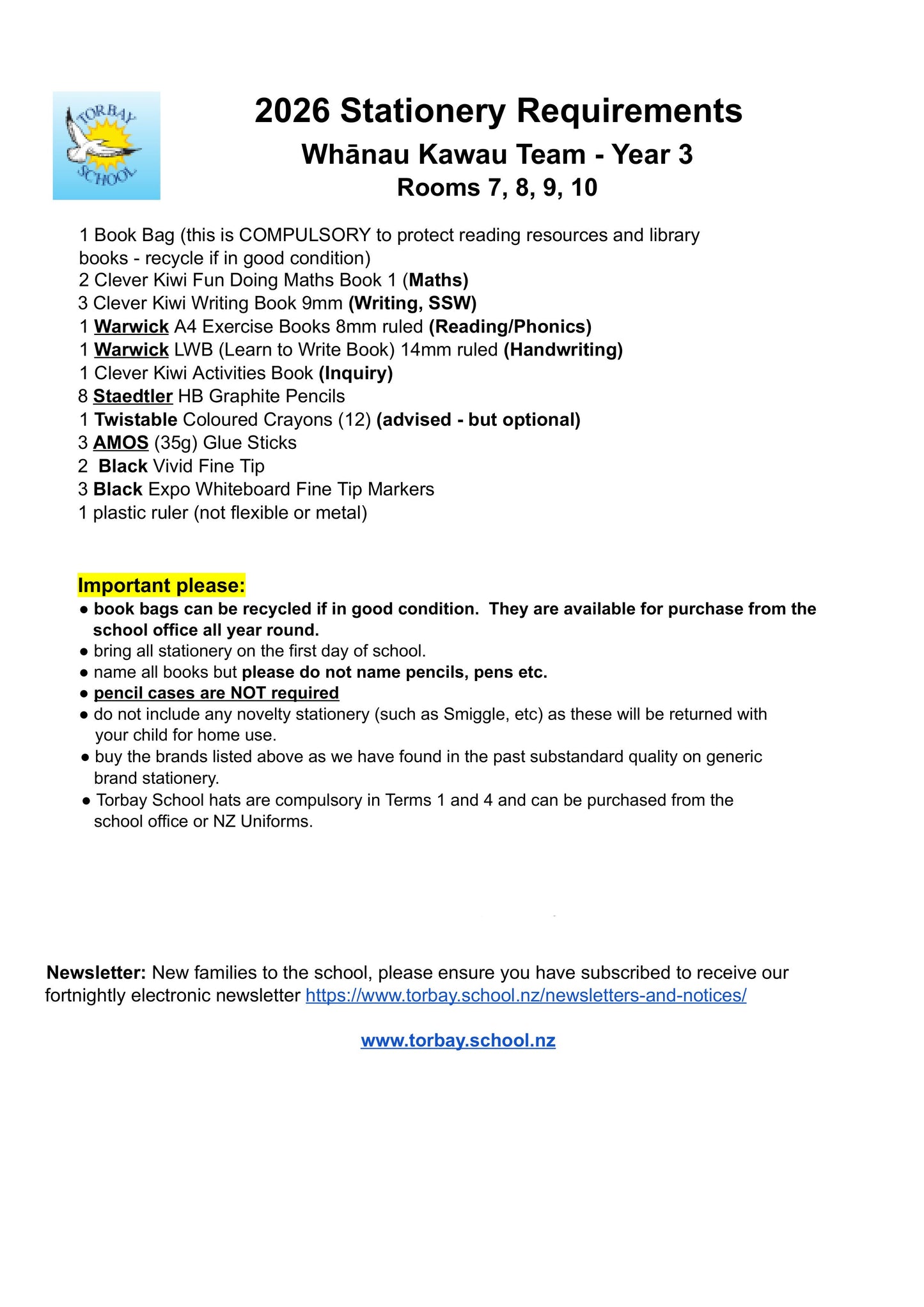 Torbay Primary School Stationery List 2026 Year 3