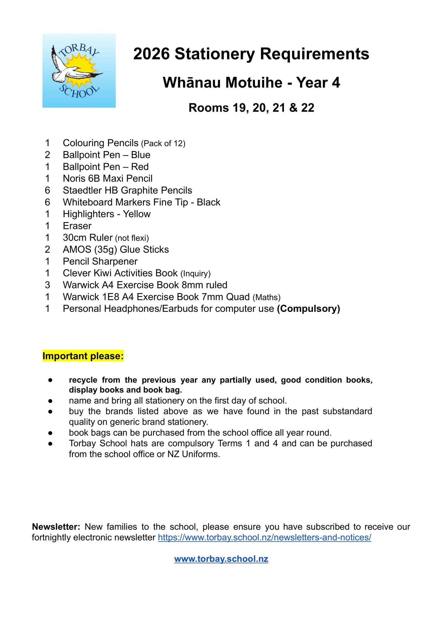 Torbay Primary School Stationery List 2026 Year 4