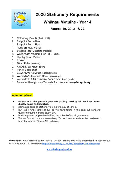 Torbay Primary School Stationery List 2026 Year 4