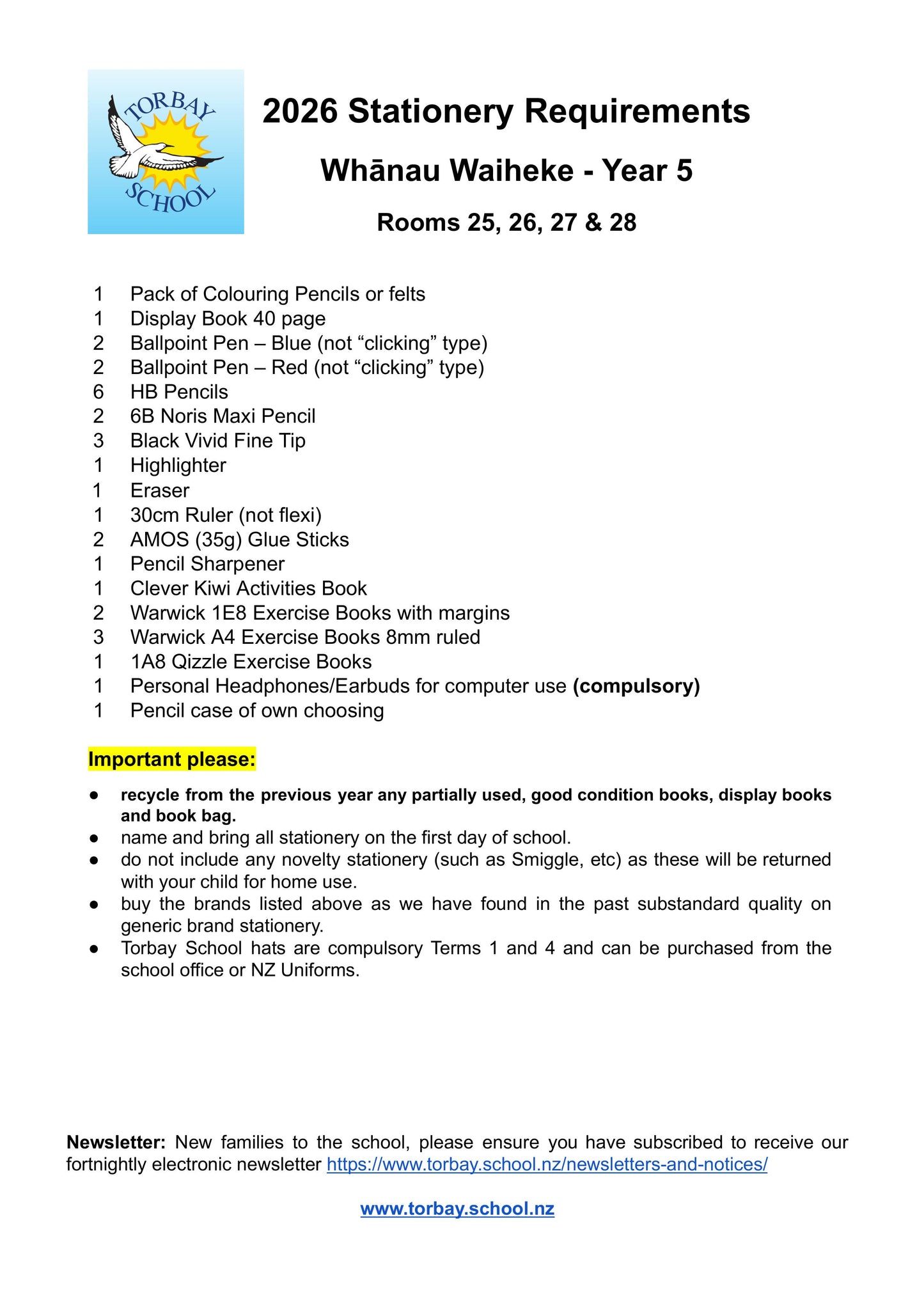 Torbay Primary School Stationery List 2026 Year 5