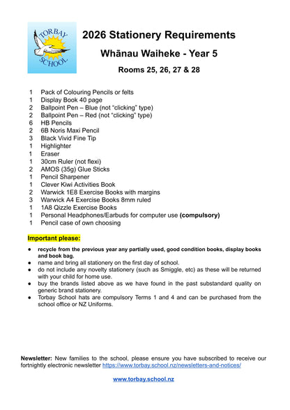 Torbay Primary School Stationery List 2026 Year 5
