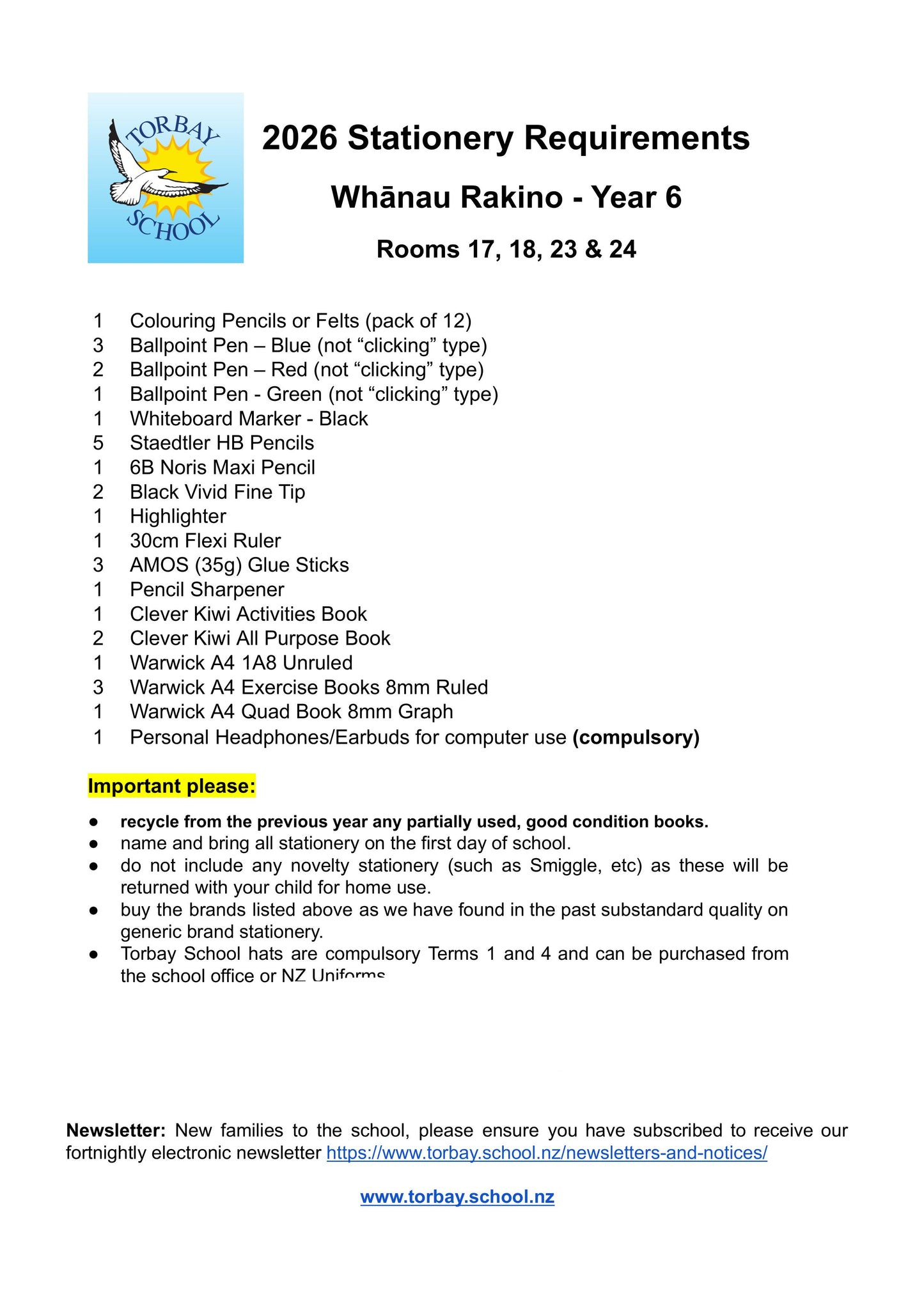 Torbay Primary School Stationery List 2026 Year 6