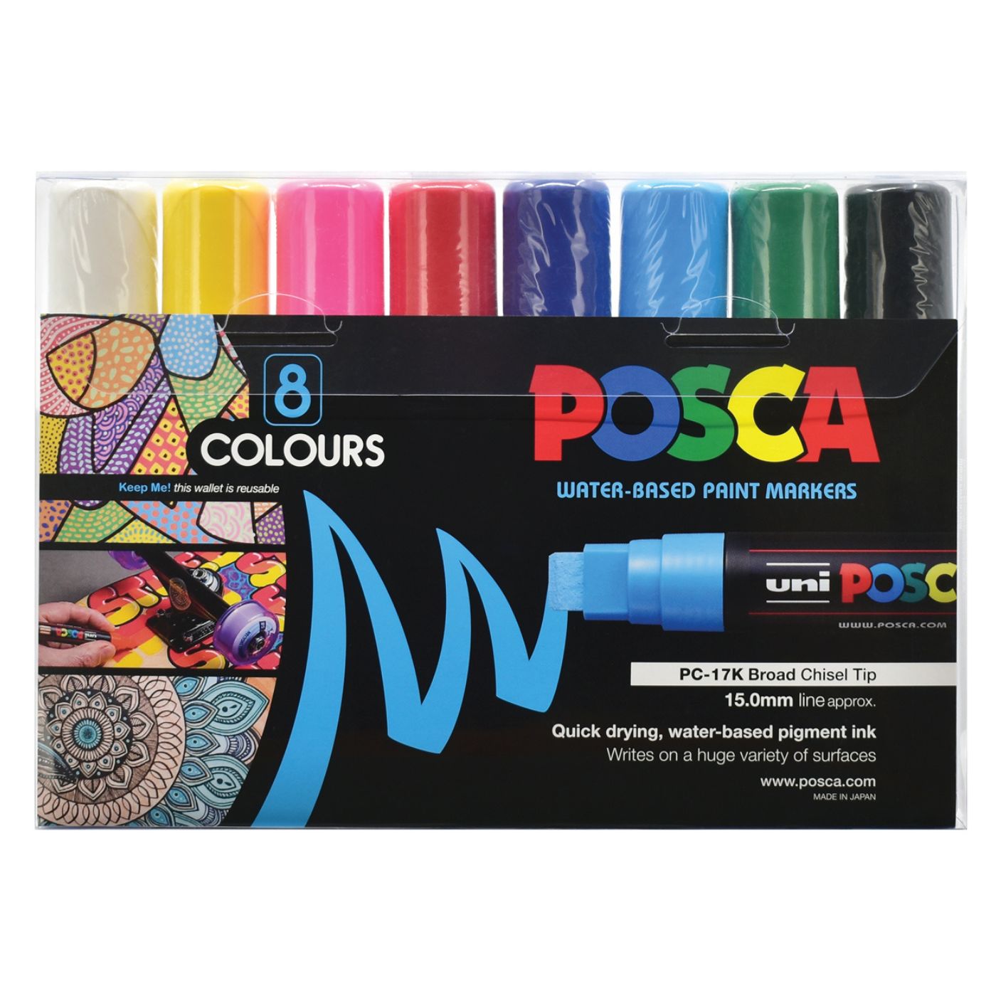 Uni Posca Paint Marker Bold Chisel Tip 15.0mm PC-17K Assorted 8 Pack