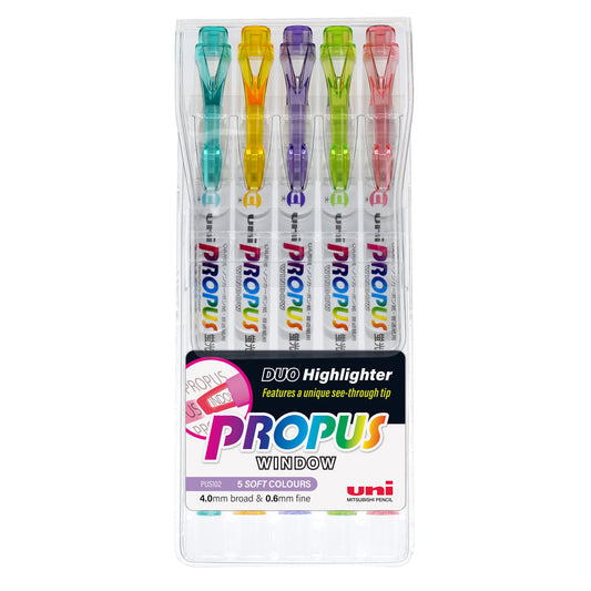 Uni Propus Window Double-Ended Highlighter 4.0mm/0.6mm Pastel Pack of 5
