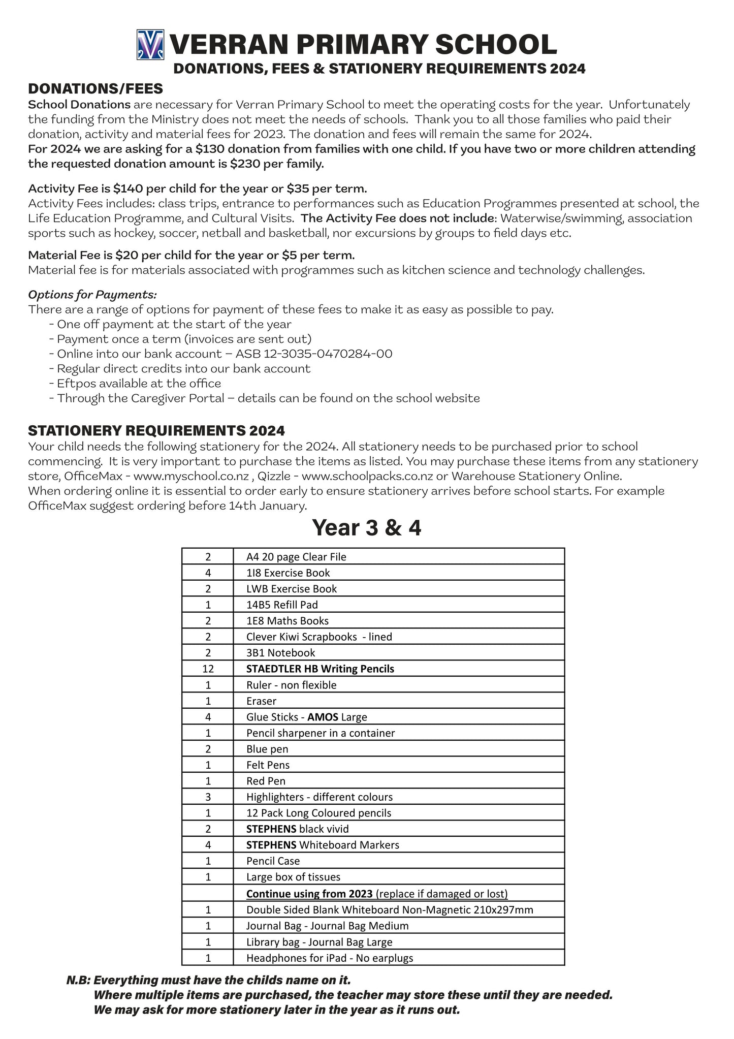 Verran Primary School Stationery List 2024 Year 3 & 4