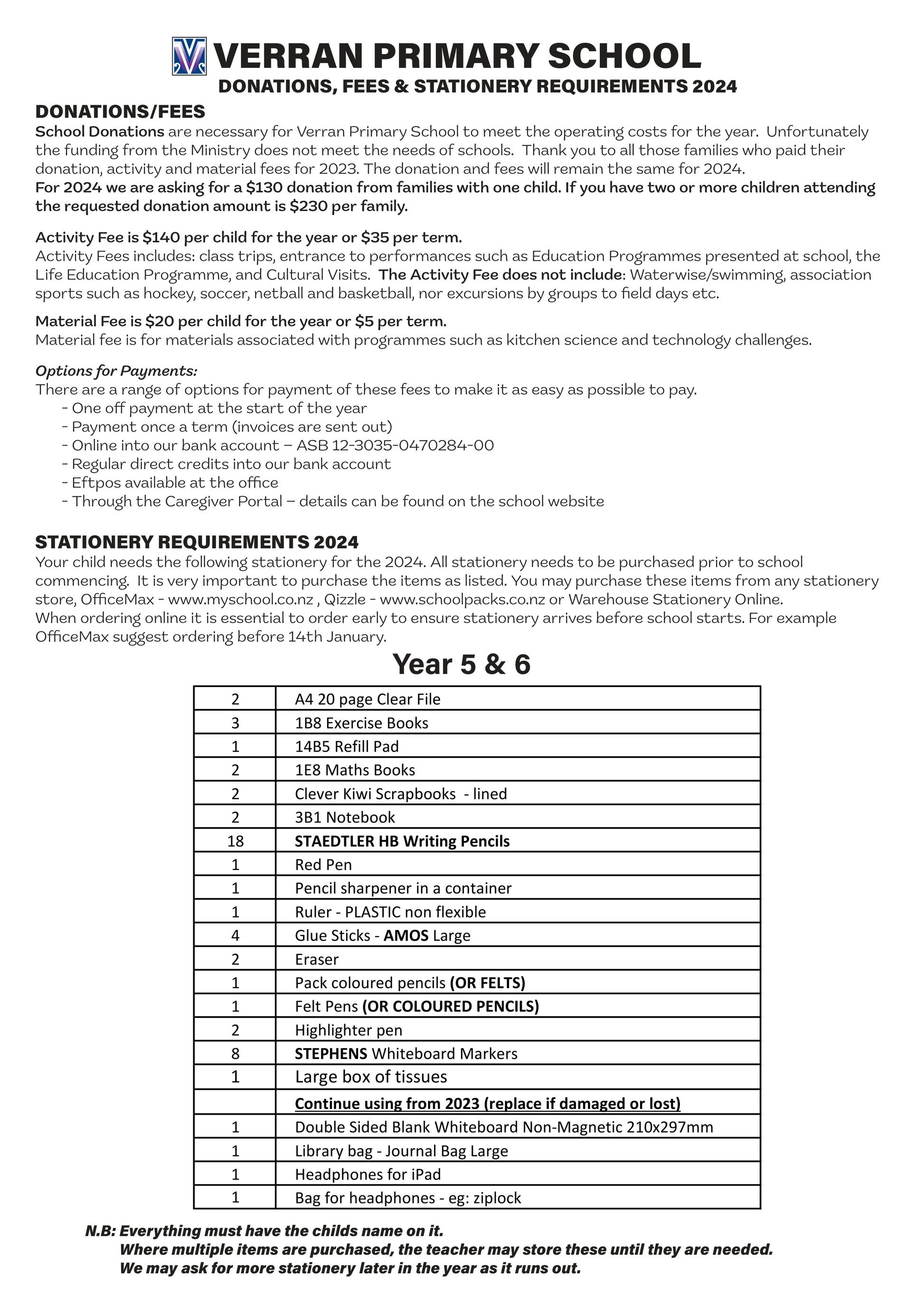 Verran Primary School Stationery List 2024 Year 5 & 6