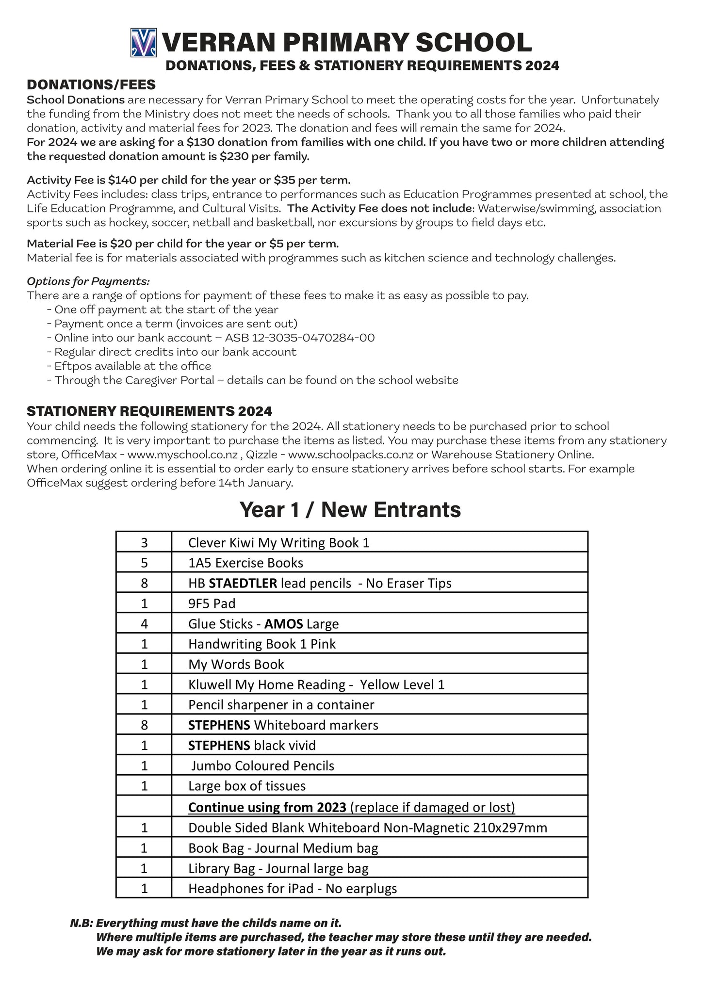 Verran Primary School Stationery List New Entrant / Year 1