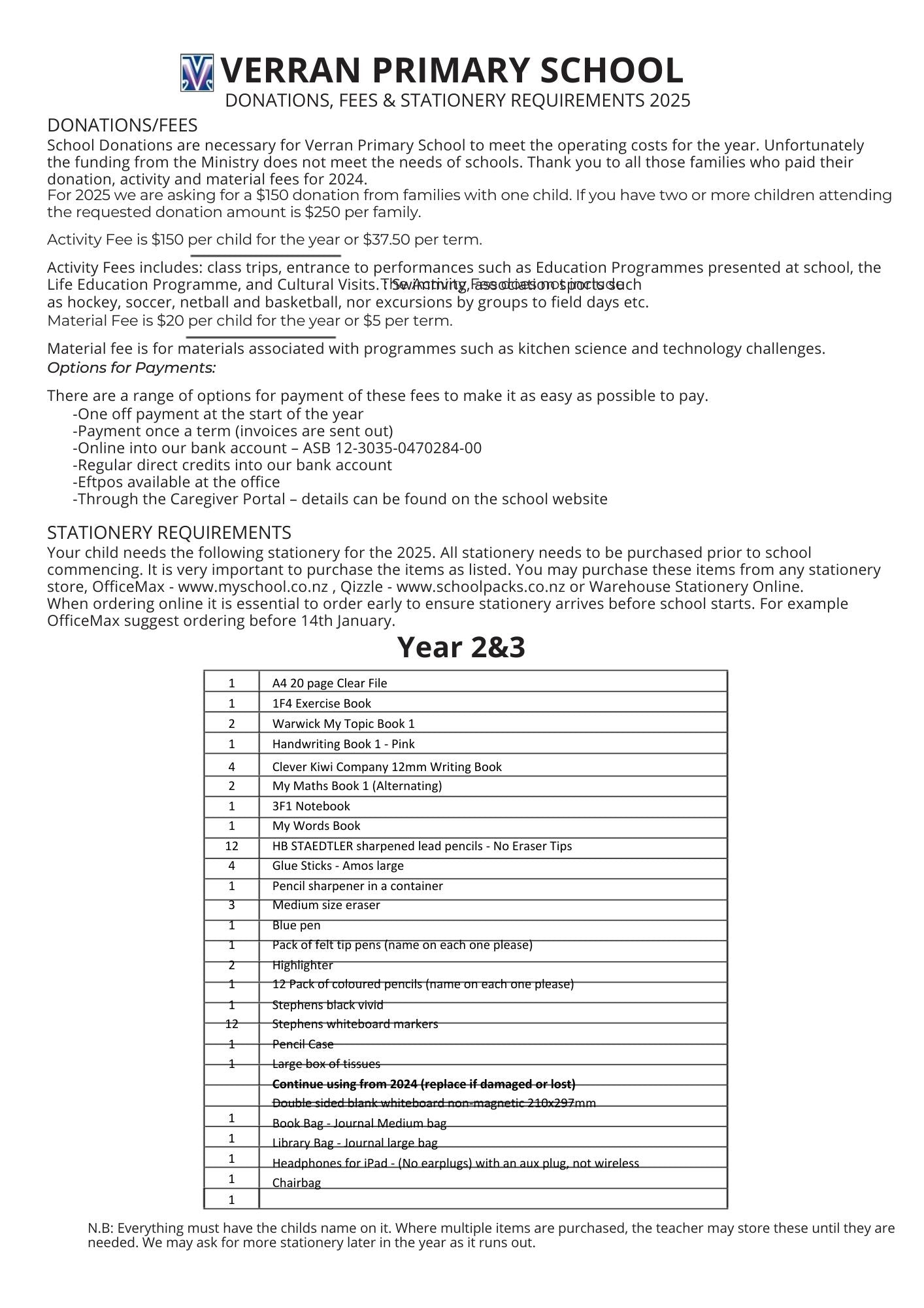 Verran Primary School Stationery Pack 2025 Year 2 & 3