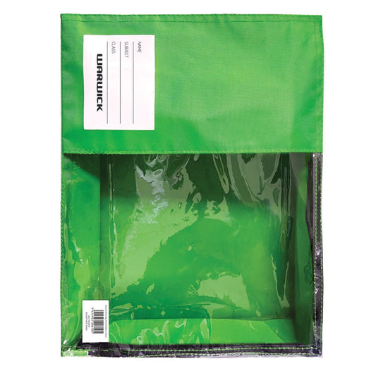 Warwick Book Bag Green 370x265x85mm – Zip Closure with Clear Panel & Name Tag
