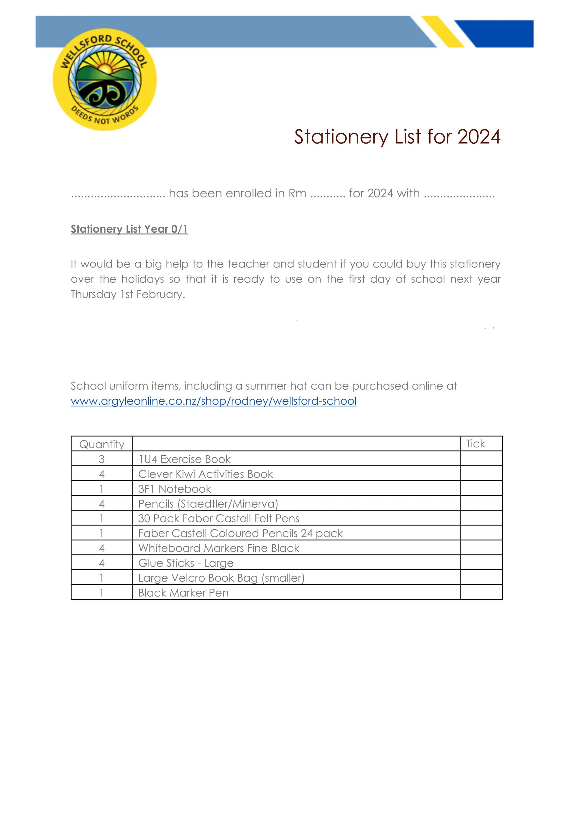 Wellsford School Stationery Pack 2024 Year 0 & 1