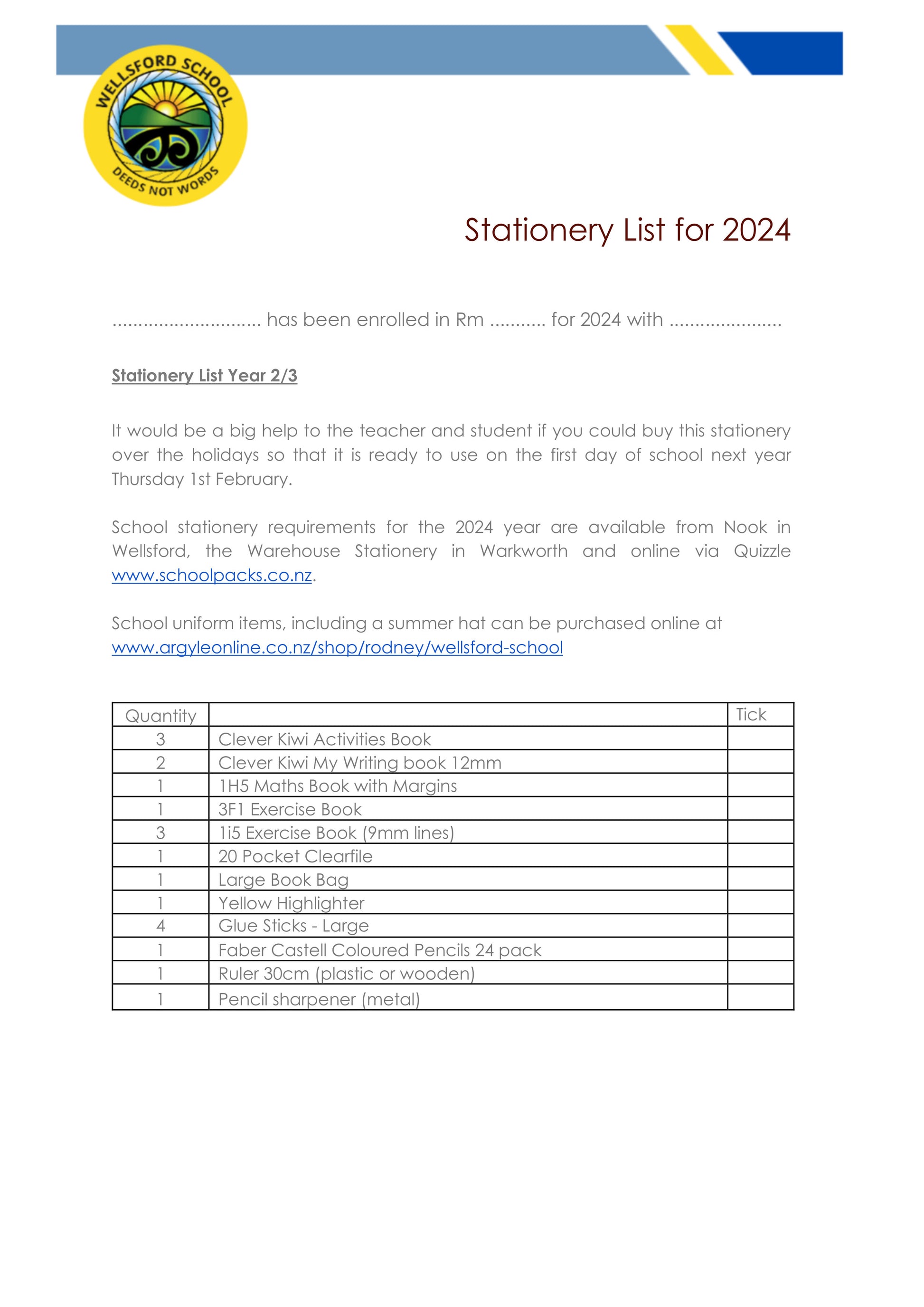 Wellsford School Stationery List 2024 Year 2 & 3