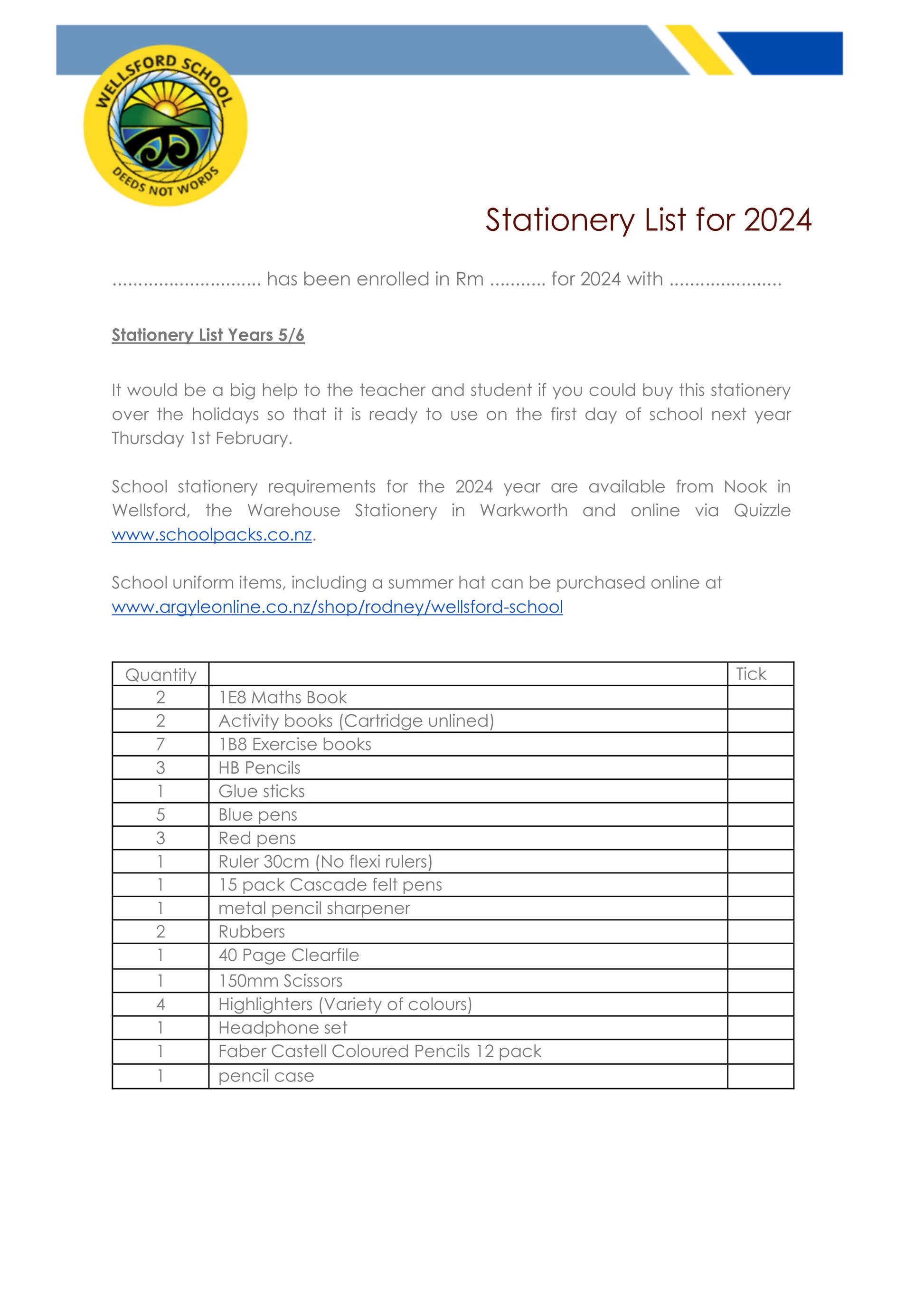 Wellsford School Stationery List 2024 Year 5 & 6
