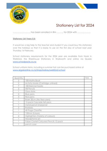 Wellsford School Stationery List 2024 Year 5 & 6