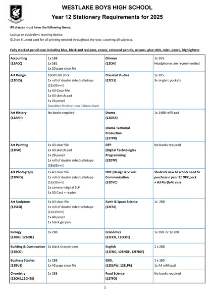 Westlake Boys High School Stationery List 2025 Year 12 - Page 1