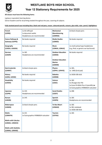 Westlake Boys High School Stationery List 2025 Year 12 - Page 2