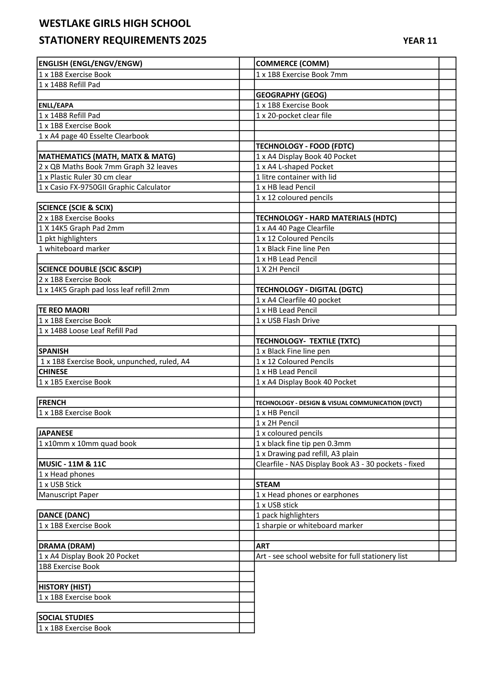 Westlake Girls High School Stationery List 2025 Year 11