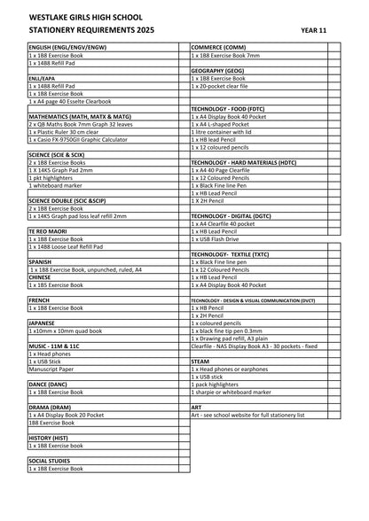 Westlake Girls High School Stationery List 2025 Year 11