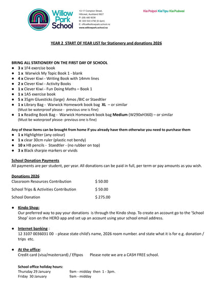 Willow Park Primary School 2026 Stationery List Year 2