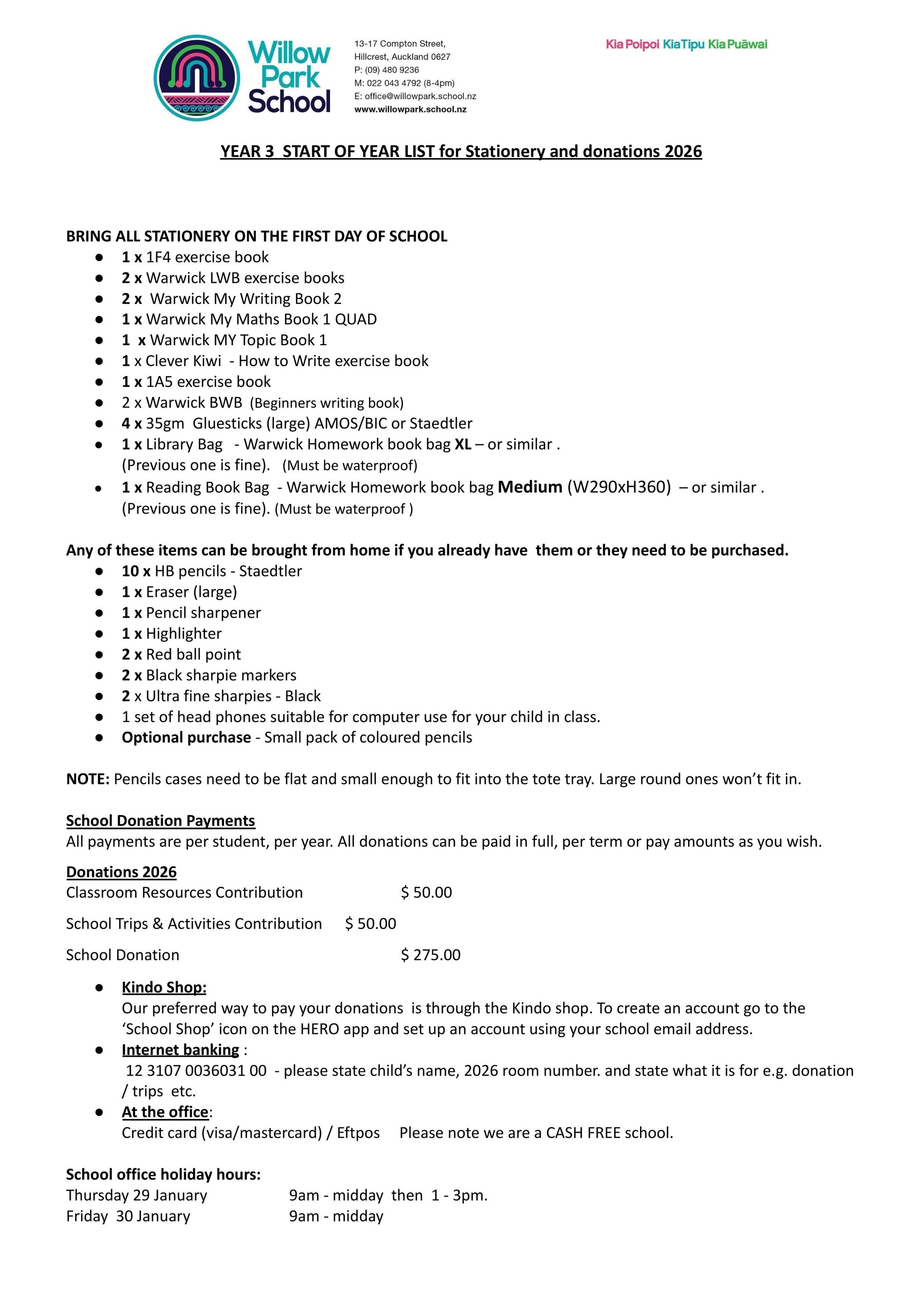 Willow Park Primary School 2026 Stationery List Year 3