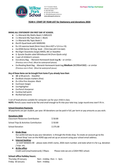 Willow Park Primary School 2026 Stationery List Year 4