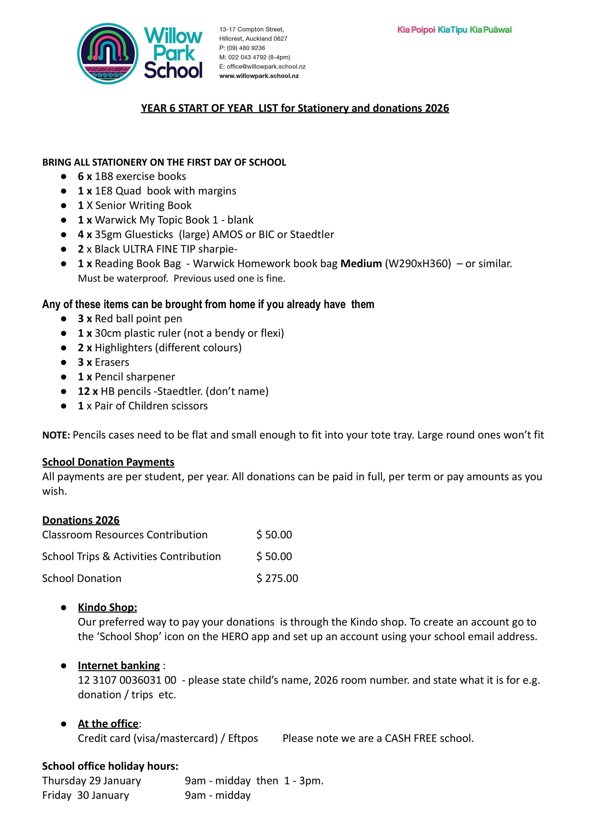 Willow Park Primary School 2026 Stationery List Year 6